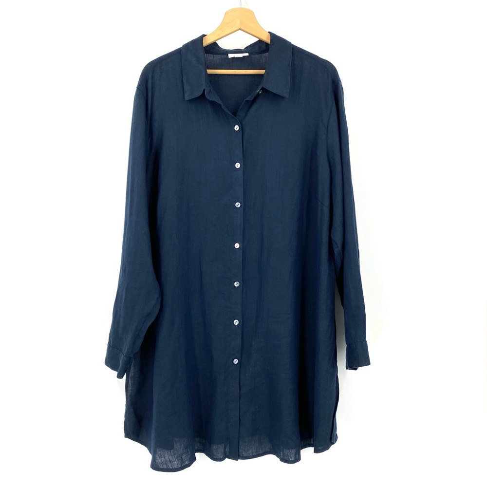 J. Jill Love Linen Essential Linen Shirt Button Down Tunic Sz 3X Navy